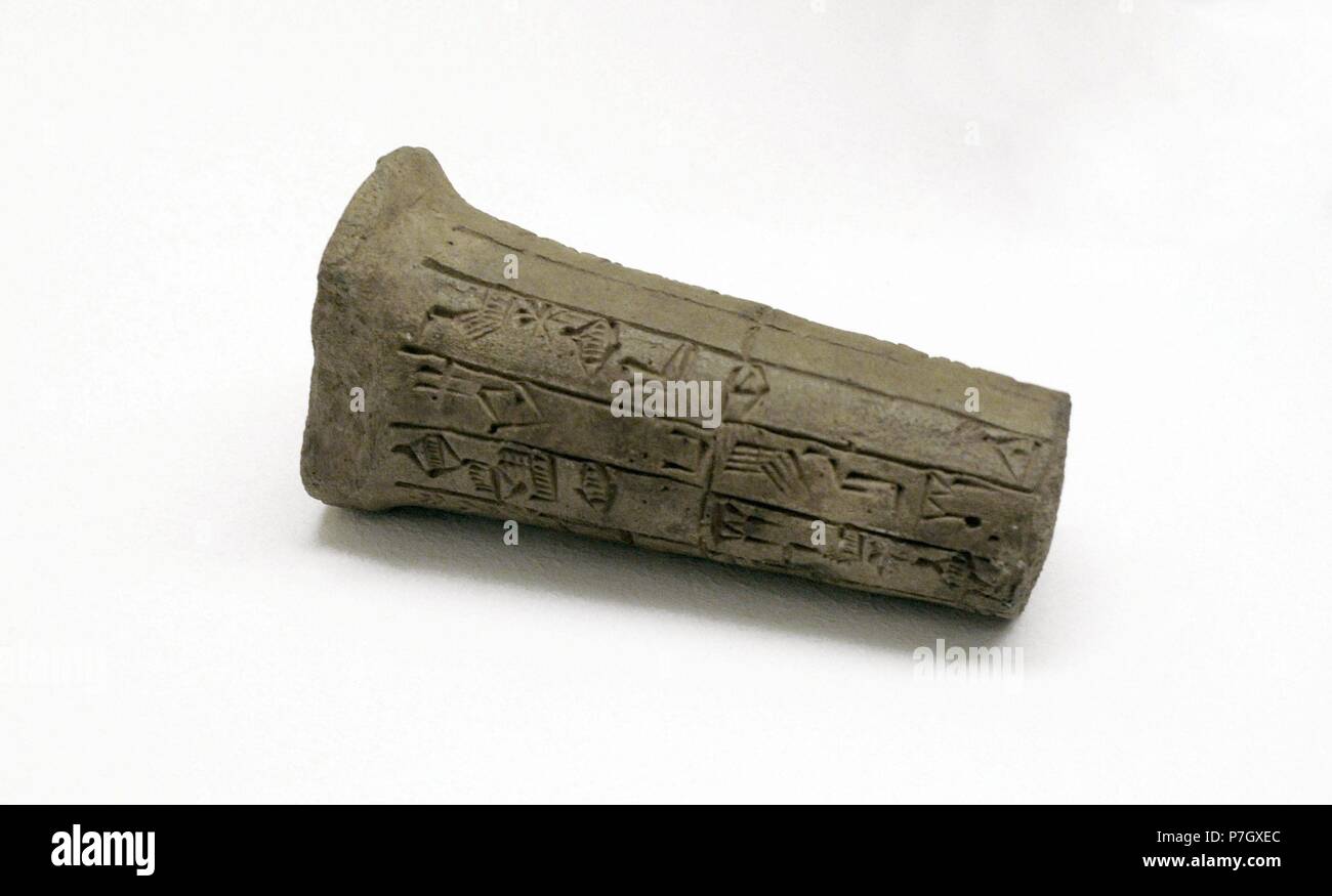 Sumer. Mesopotamia. Near East. Early Dynastic Period. Clay nail of Enanatum I with a building inscription devoted to the construction of the temple of the goddess Inanna in Lagash. Lagash. Iraq. 25th century BC. The State Hermitage Museum. Saint Petersburg. Russia. Stock Photo
