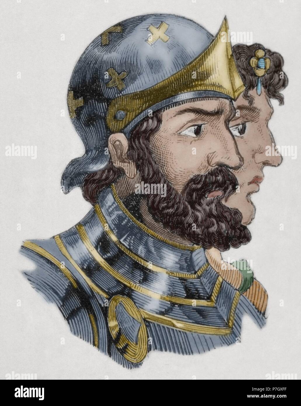 Alfonso I of Asturias (c.693-757). Called the Catholic. Engraving. Colored. Stock Photo