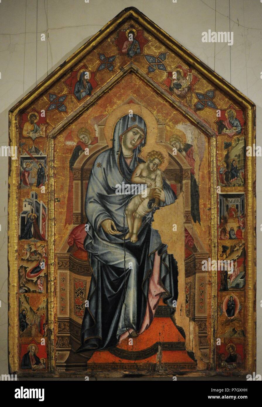 Siena artist of 14th century. Madonna and Child Enthroned with hagiographical scenes in stamps, 1320-1325. Tempera on panel. The State Hermitage Museum. Saint Petersburg. Russia. Stock Photo