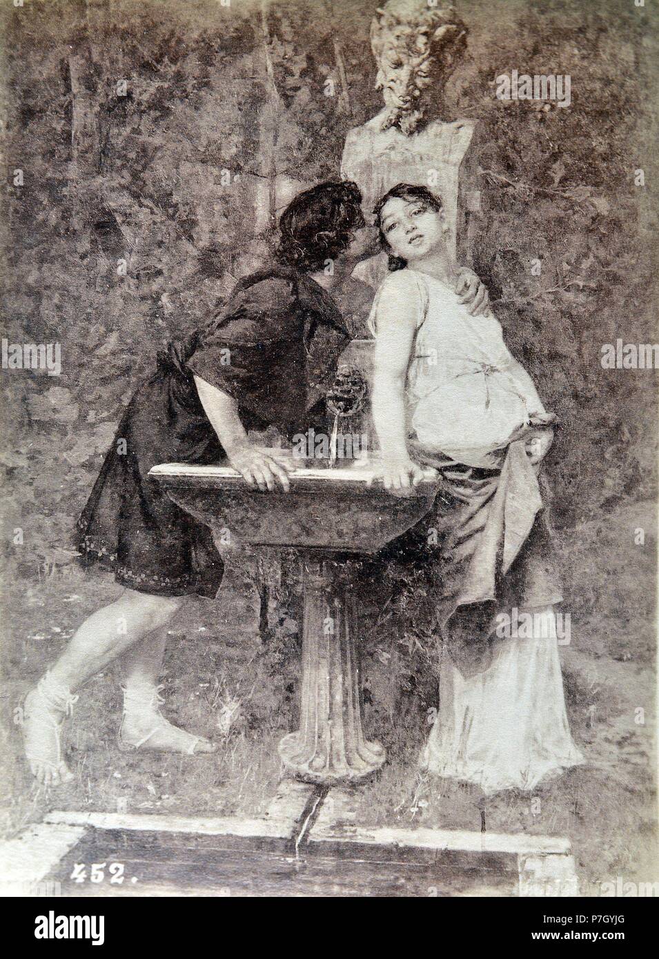[Pompeya, pintura mural. Beso de una pareja junto a una fuente]. Stock Photo