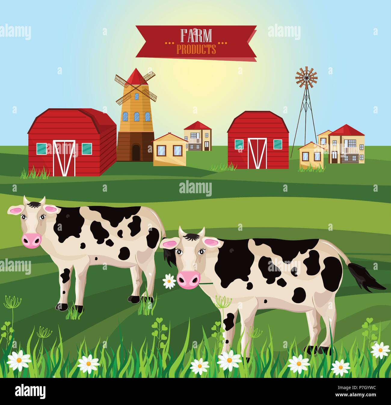 Cows eating grass farm ville Vector. Green fields summer outdoors ...