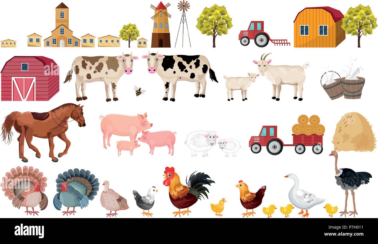 Farm big set collection Vector. Village, animals, tractors tools Stock ...