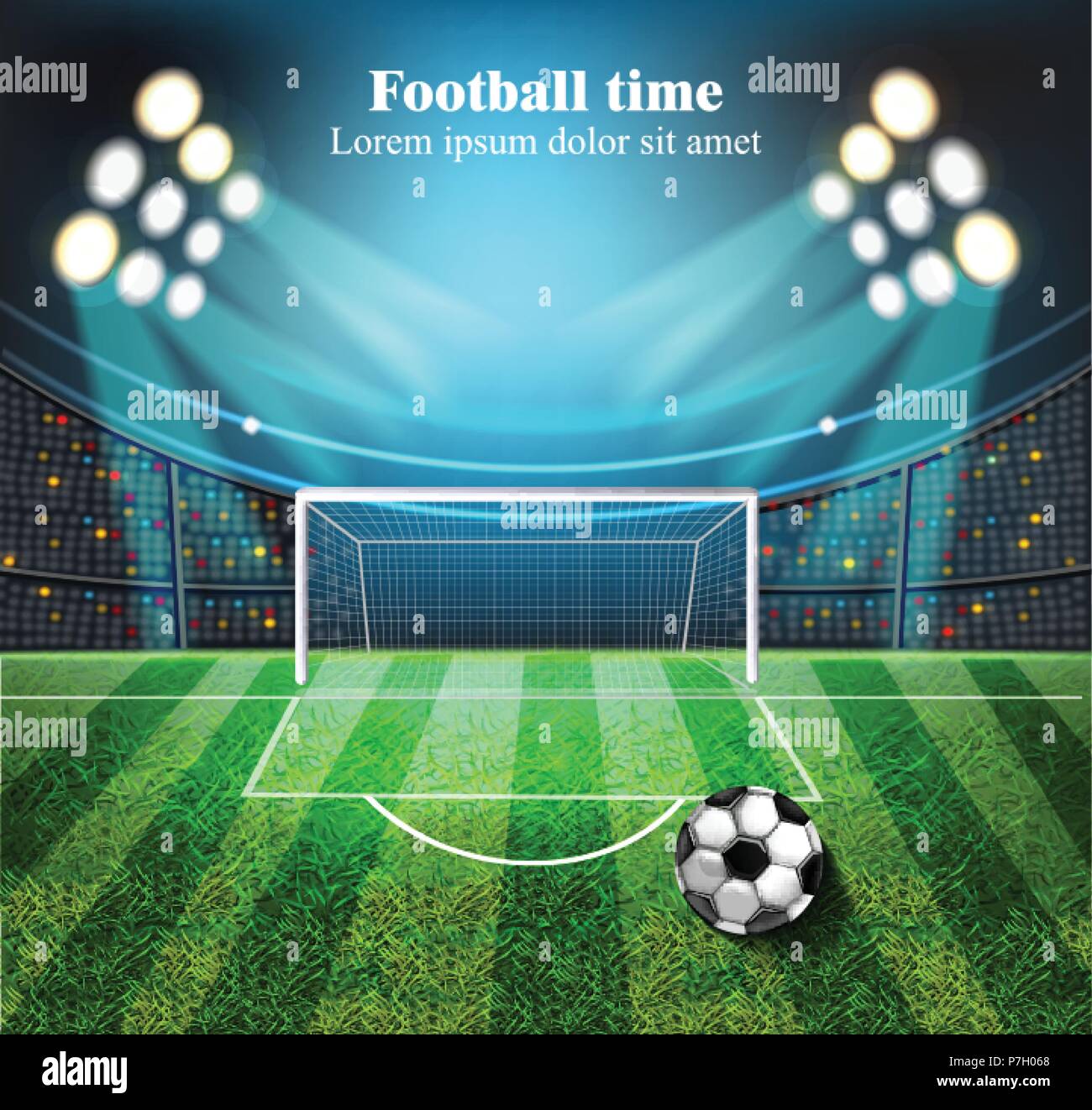 Football field Vector realistic. Soccer ball on the stadium with lights
