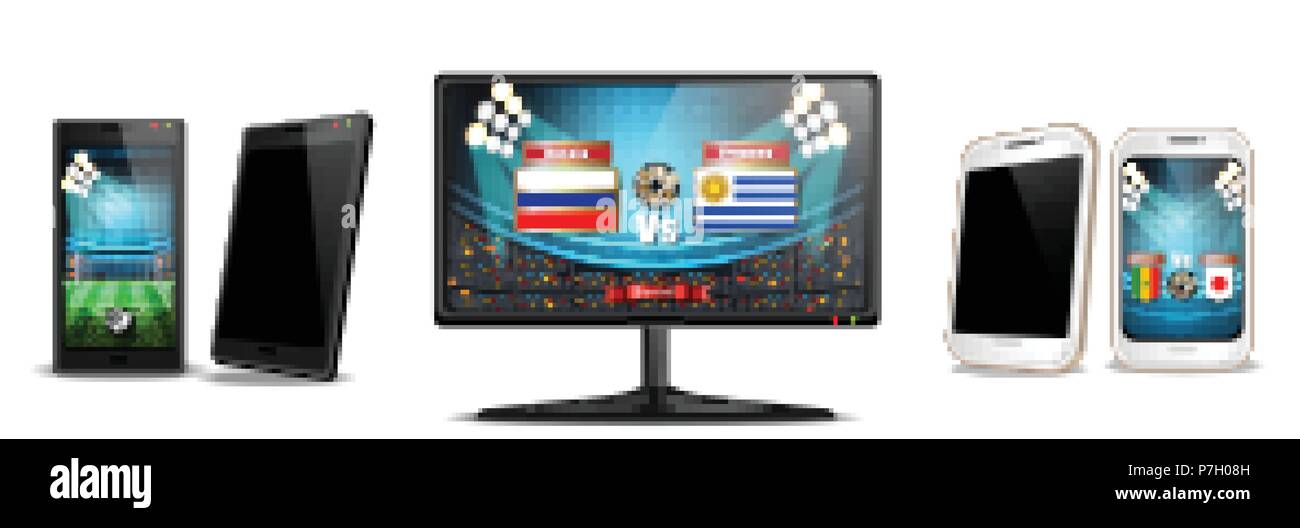 Tv screen and smartphone with football match Vector realistic. Sports betting online. Gadgets isolated on white Stock Vector