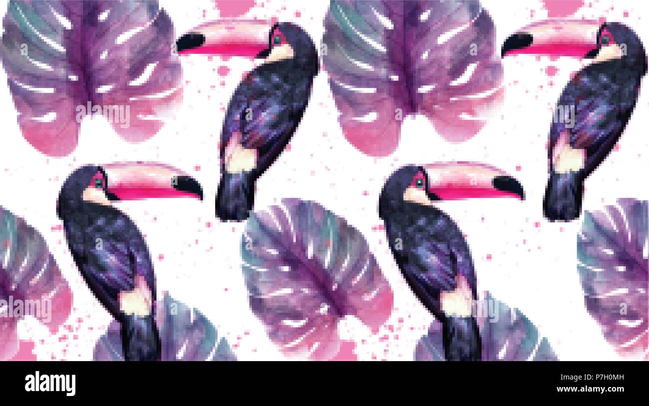 Tropical paradise with watercolor parrots and palm leaves background Vector. ultra violet trendy color Stock Vector