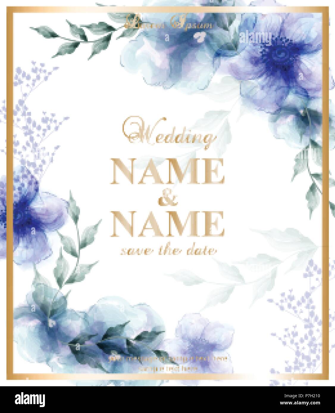 Wedding card with watercolor blue flowers Vector illustration. Beauty ...