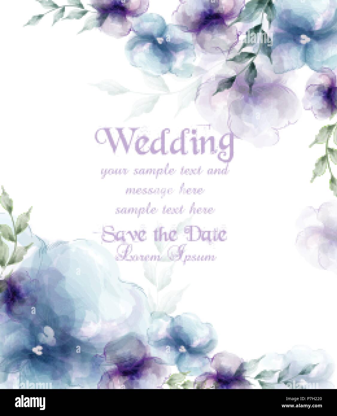 Wedding card with watercolor blue flowers Vector illustration Stock ...