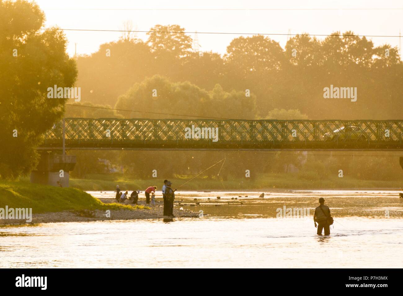 pescador al atardecer en el rio San, afluente del rio Vístula, Sanok,voivodato de Subcarpacia,Polonia,  eastern europe. Stock Photo