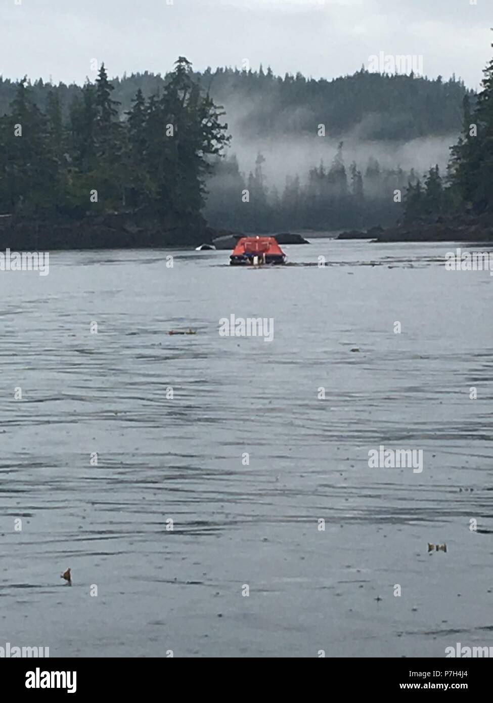 An inflatable life raft sits in Thorne Bay after a Coast Guard Station