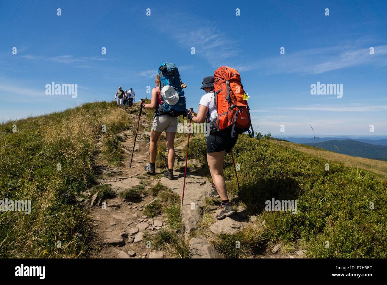 senderistas en la cresta de polonina Carynska, Parque nacional  Bieszczady,Reserva de la UNESCO llamada Reserva de la biosfera Carpática  oriental, voivodato de la Pequeña Polonia, Cárpatos,Polonia, eastern europe  Stock Photo - Alamy
