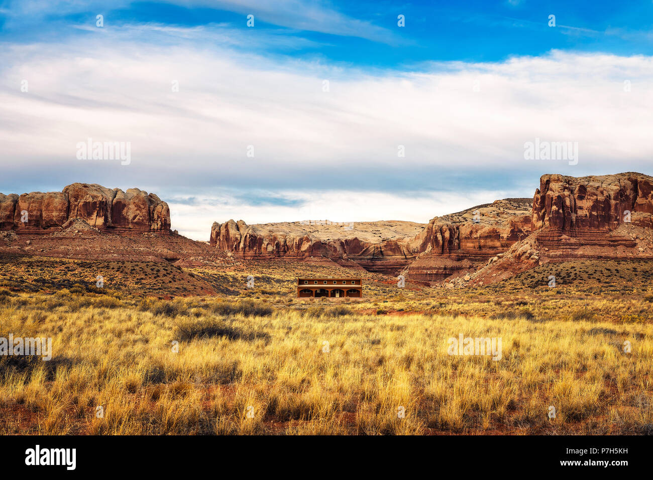 Old saloon in a typical southwestern landscape near the village of Bluff, Utah Stock Photo