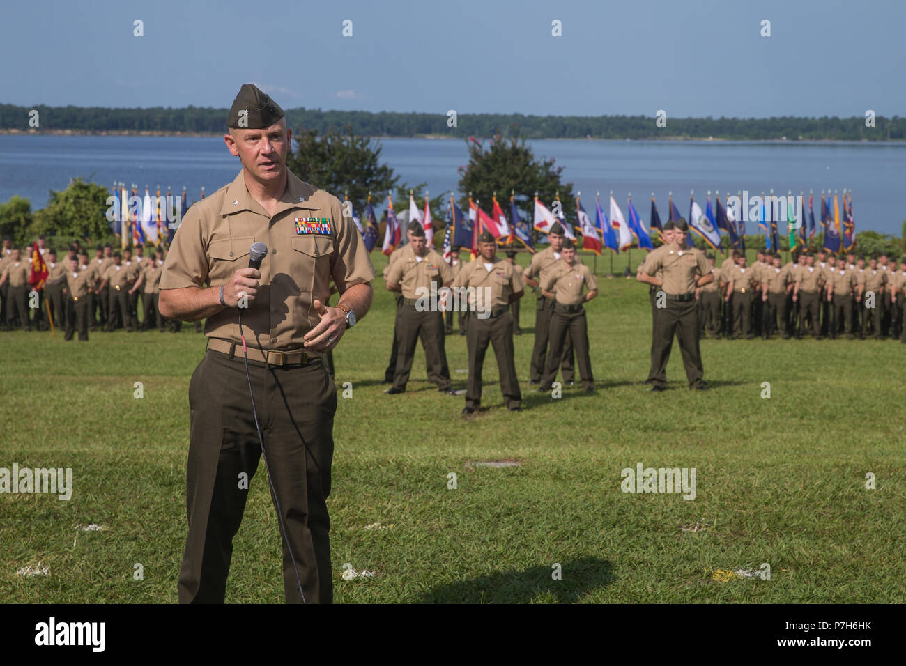 U.S. Marine Corps Lt. Col. Daniel Rosenberg, with Combat Logistics Battalion 6, Combat Logistics Regiment 2, 2nd Marine Logistics Group, addresses Marines of CLB 6 during a change of command ceremony on Camp Lejeune, N.C., June 26, 2018.  During the ceremony, Lt. Col. Karin Fitzgerald relinquished command of CLB 6 to Lt. Col. Daniel Rosenberg. (U.S. Marine Corps photo by Lance Cpl. Scott Jenkins) Stock Photo