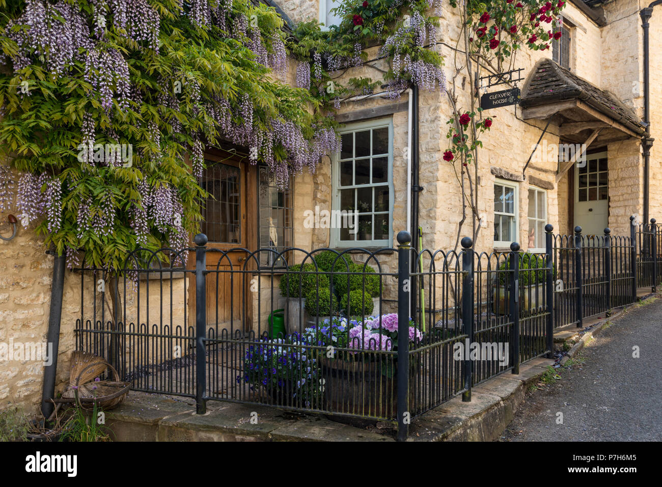 Cotswold stone cottage Cleaver House adorned by Wisteria, Nailsworth, Gloucestershire, UK Stock Photo