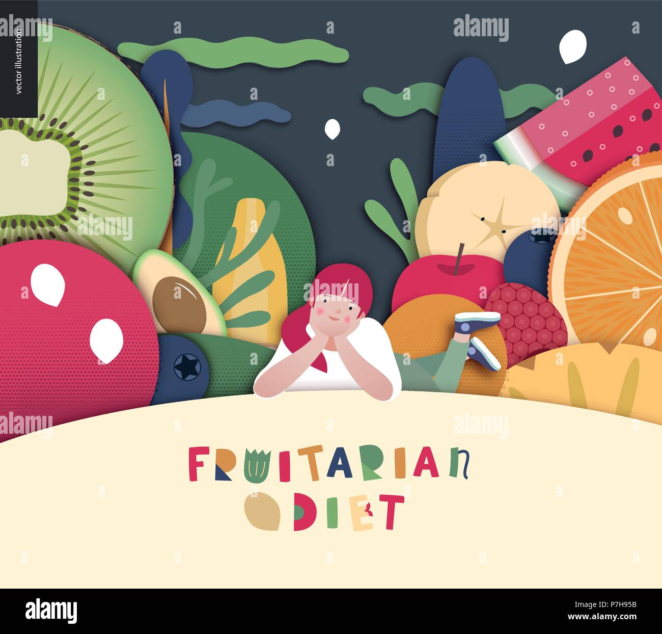 Fruitarian food diet flat vector concept illustration, composition of