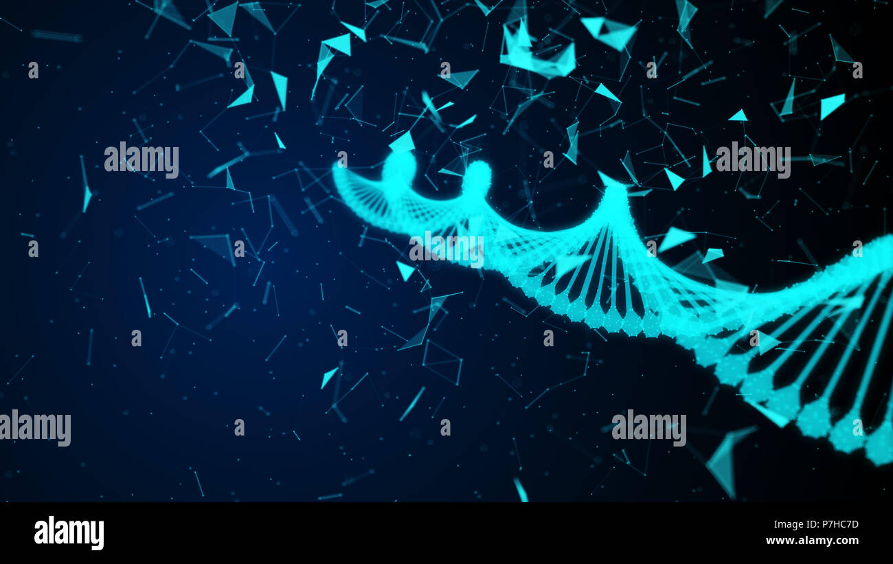 Human digital DNA lies in digital cyberspace. Cells formed by particles. Blue abstract futuristic science and technology motion background. 3D renderi Stock Photo
