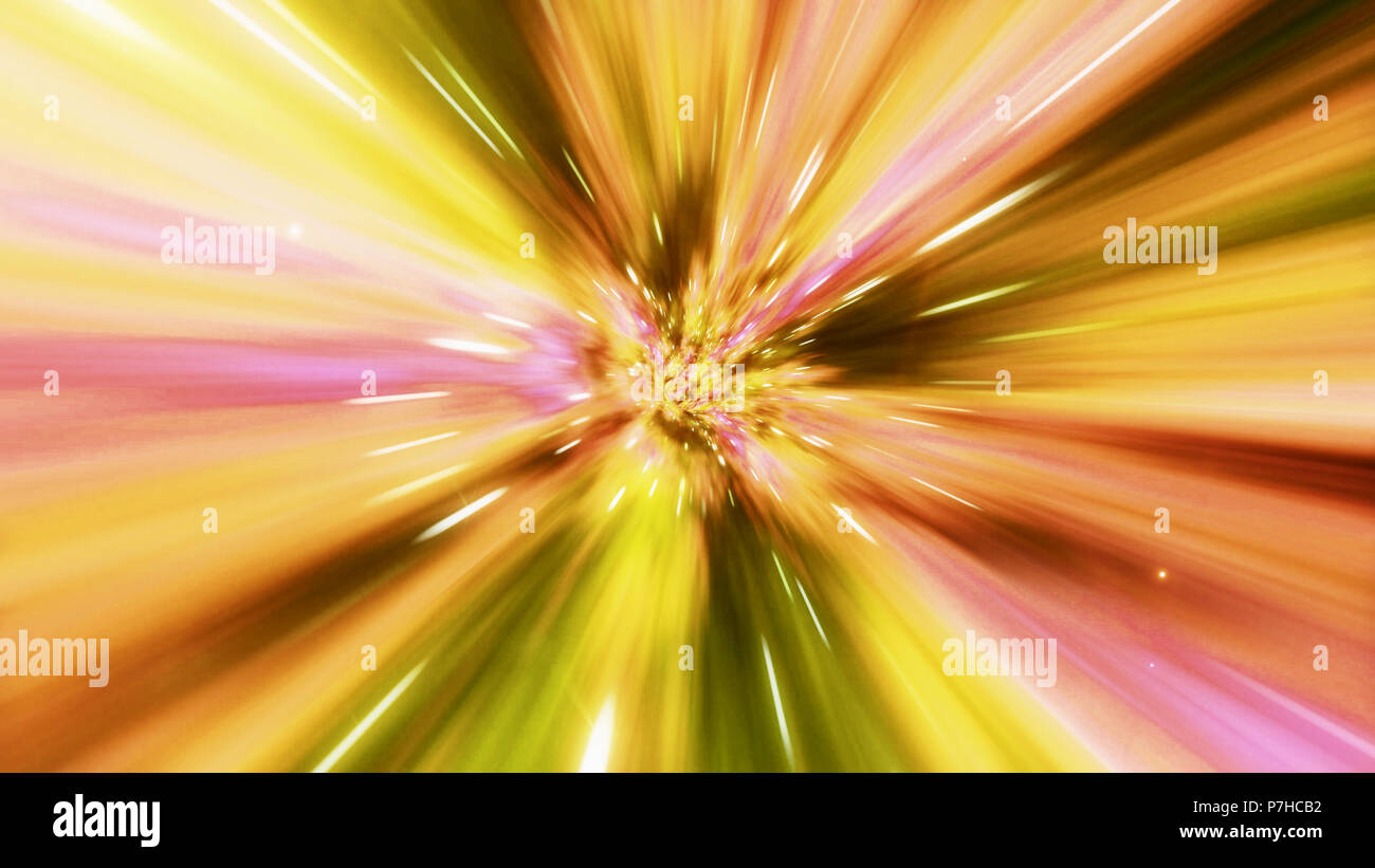Interstellar travel in a yellow and pink wormhole filled with stars. Space journey through time continuum. Warp in science fiction black hole vortex Stock Photo