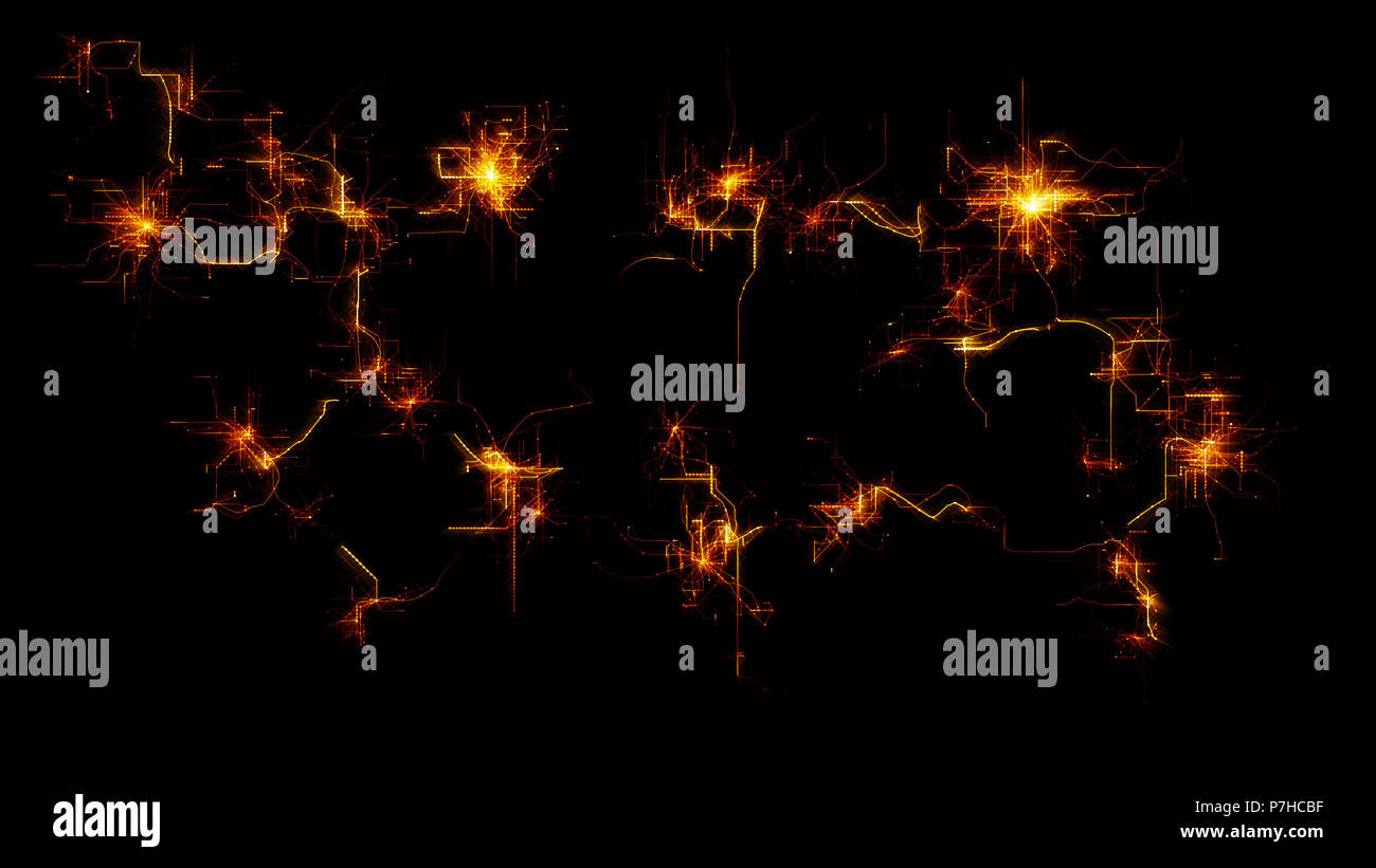 Artificial Neural Network grows. Electronic nodes connected together with a synaptic links in electronic cyberspace. Grid shows decentralized connecti Stock Photo