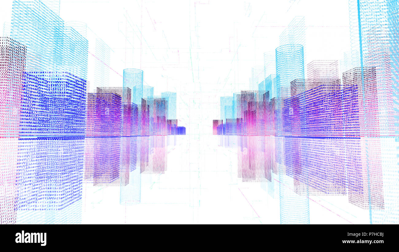 Abstract digital hologram 3D illustration of city with futuristic matrix. Digital buildings with a binary code particles network. Technology concept Stock Photo