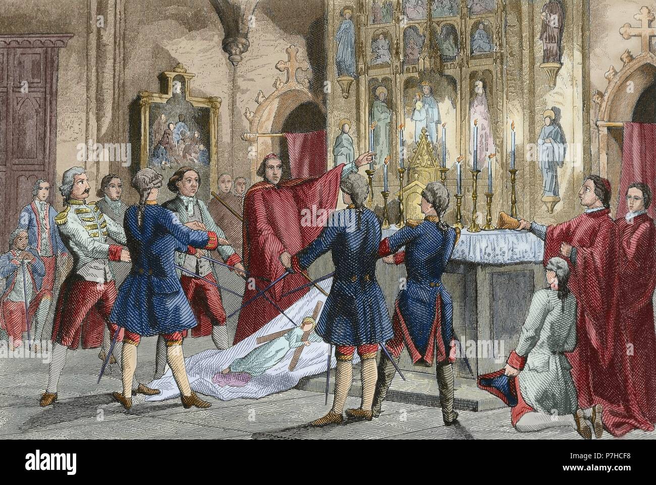 War of Spanish Succession (1702-1715). Oath of the captains of Barcelona who commands the troops of Antonio de Villarroel, Commander in Chief of the Army of Catalonia. Engraving by Urbadieta and J. Nicolau. 19th century. Colored. Stock Photo