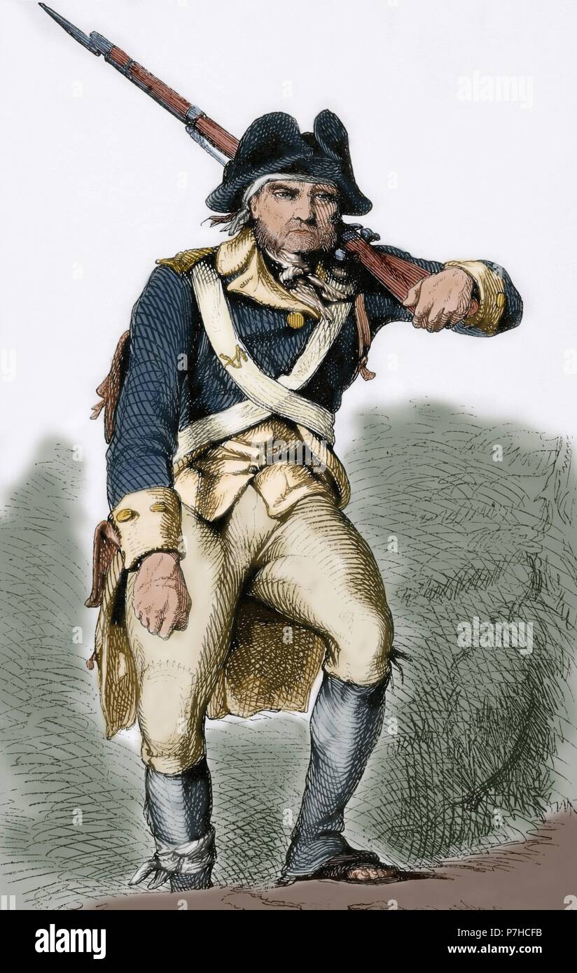 American Revolutionary War (1775-1783). North American soldier. Portrait. Engraving. 19th century. Colored. Stock Photo
