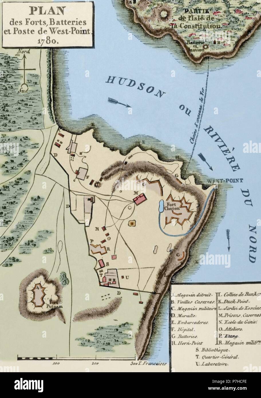 American Revolutionary War (1775-1783). Map of the defense network at West Point, including the Great Chain, Constitution Island, Fort Clinton, and Fort Putnam, 1780. Engraving. Colored. Stock Photo