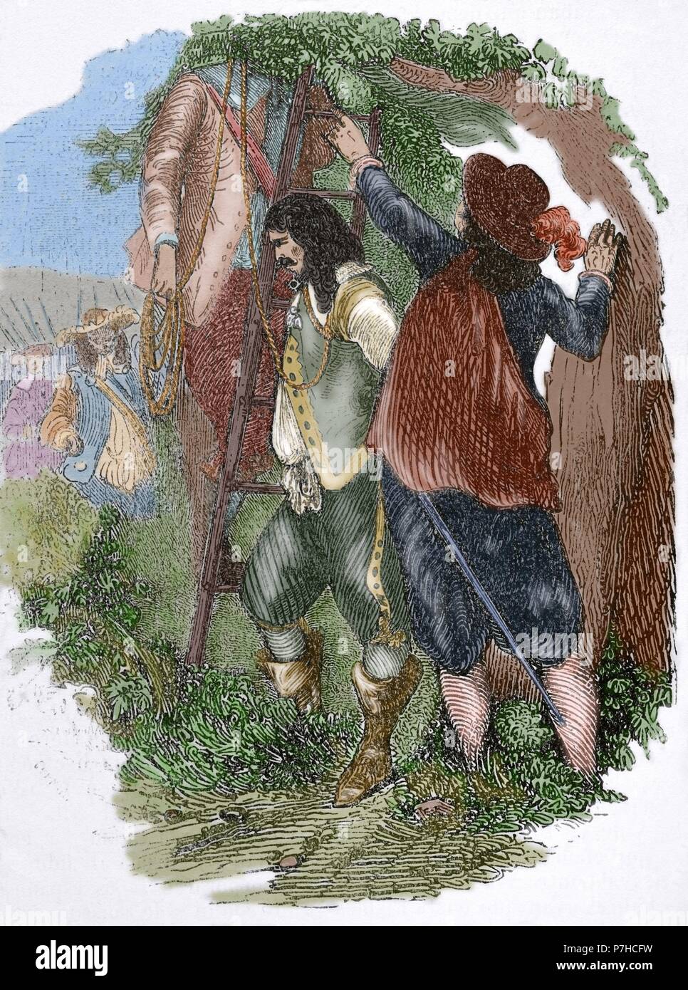 Armand-Charles de La Porte, Duc de La Meilleraye (1632-1713). French general, Grand Master and Captain General of Artillery. La Meilleraye orders the the envoy from Bordeaux to be hanged. Engraving. 19th century. Colored. Stock Photo