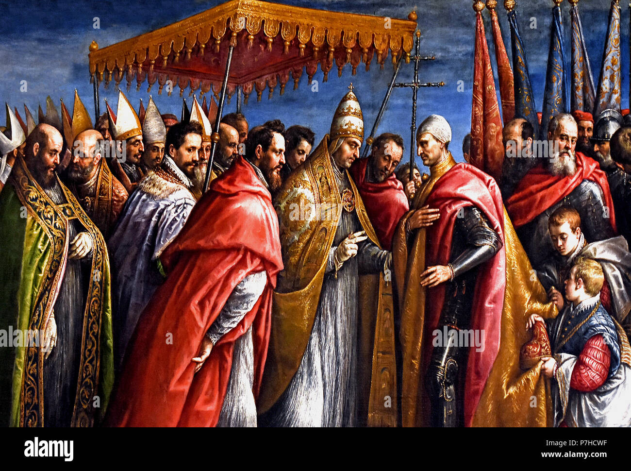 Pope Alexander III meets the Doge Sebastiano Ziani after the Battle of Salvore 1590-1594 Jacopo Bassano (1510 - 1592 Jacopo dal Ponte), The Doge's Palace ( Palazzo Ducale ) Venice, Italy. Stock Photo