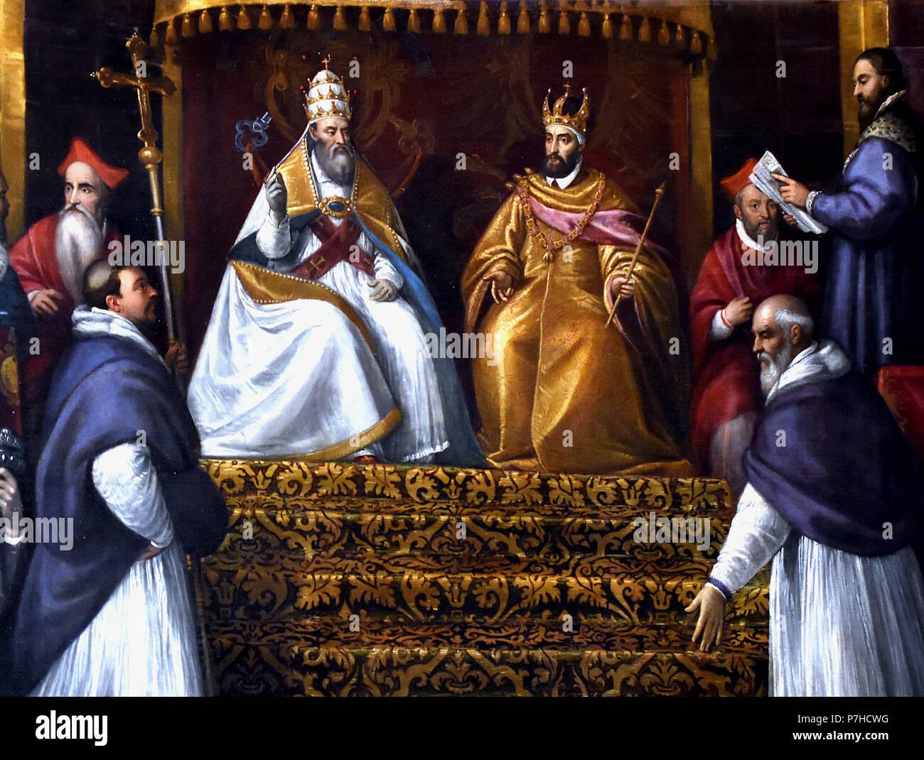 Peace of Bologna 1529.- Pope Clement VII and emperor Charles V. Paintng by Marco Vecellio (1545-1611) , Sala del Consigliodei Dieci. The Doge's Palace ( Palazzo Ducale ) Venice, Italy. Stock Photo