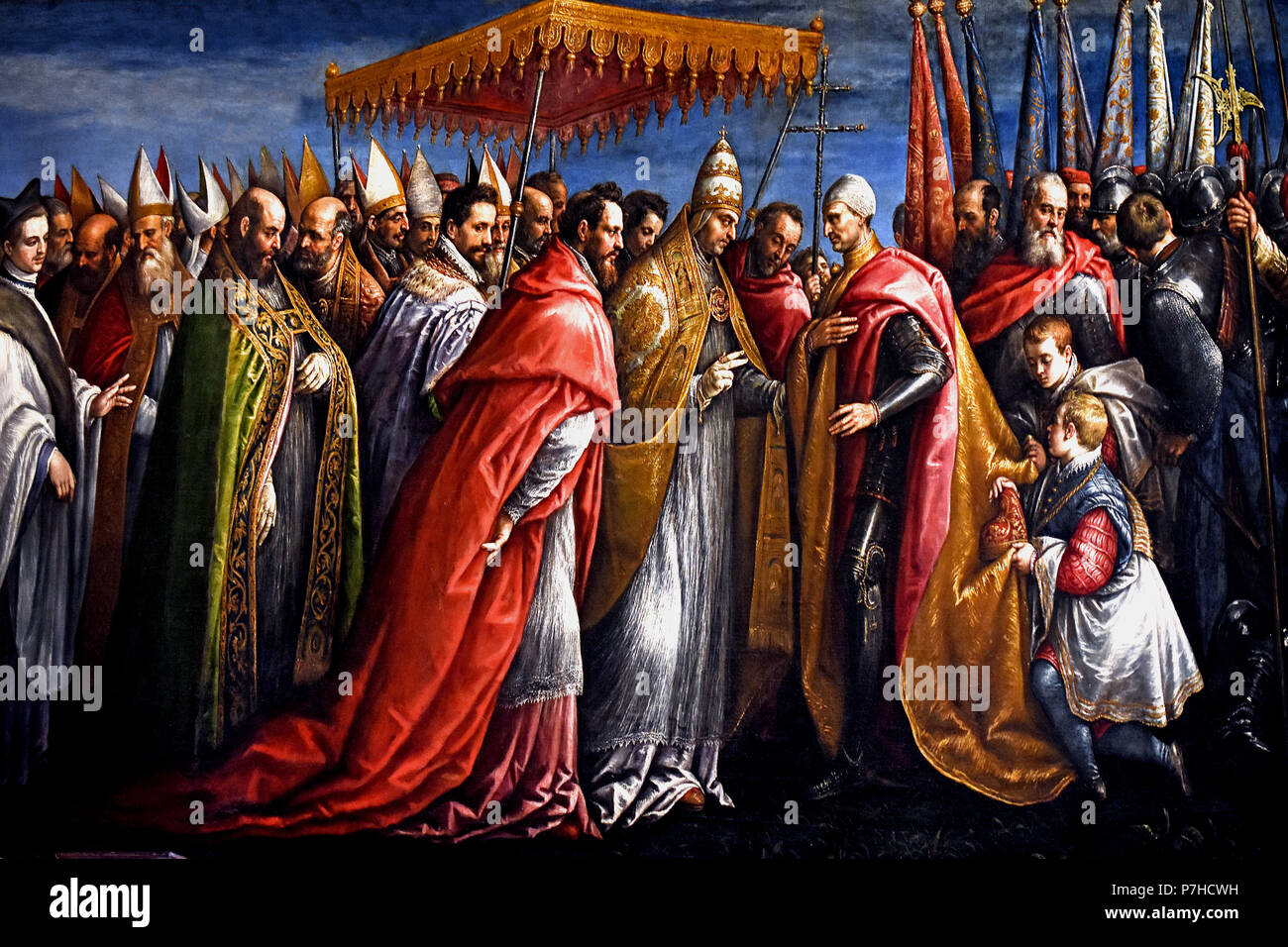 Pope Alexander III meets the Doge Sebastiano Ziani after the Battle of Salvore 1590-1594 Jacopo Bassano (1510 - 1592 Jacopo dal Ponte), The Doge's Palace ( Palazzo Ducale ) Venice, Italy. Stock Photo