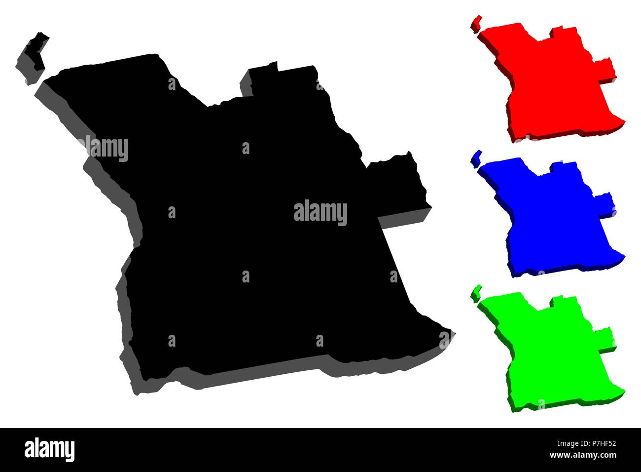 3D map of Angola (Republic of Angola) - black, red, blue and green - vector illustration Stock Vector