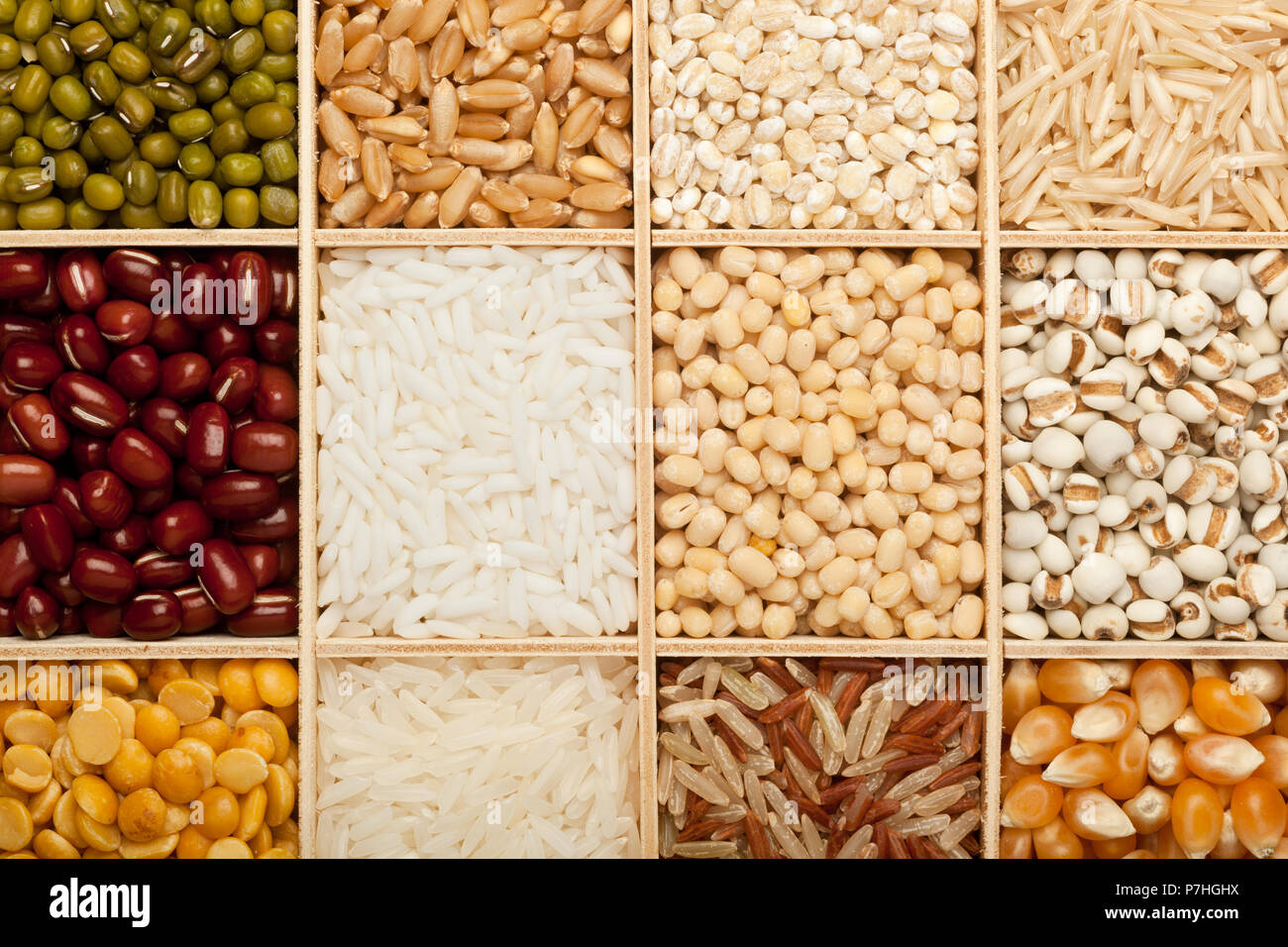 Closeup of different types of grains and beans Stock Photo