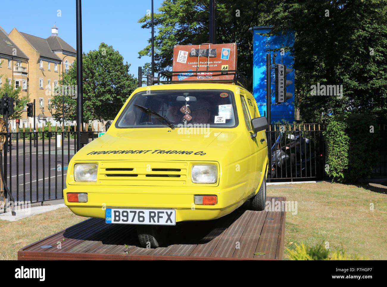 A replica Reliant Robin from the days of the Del Boys's Trotters in the TV series 'Only Fools and Horses', in Peckham, south London, UK Stock Photo