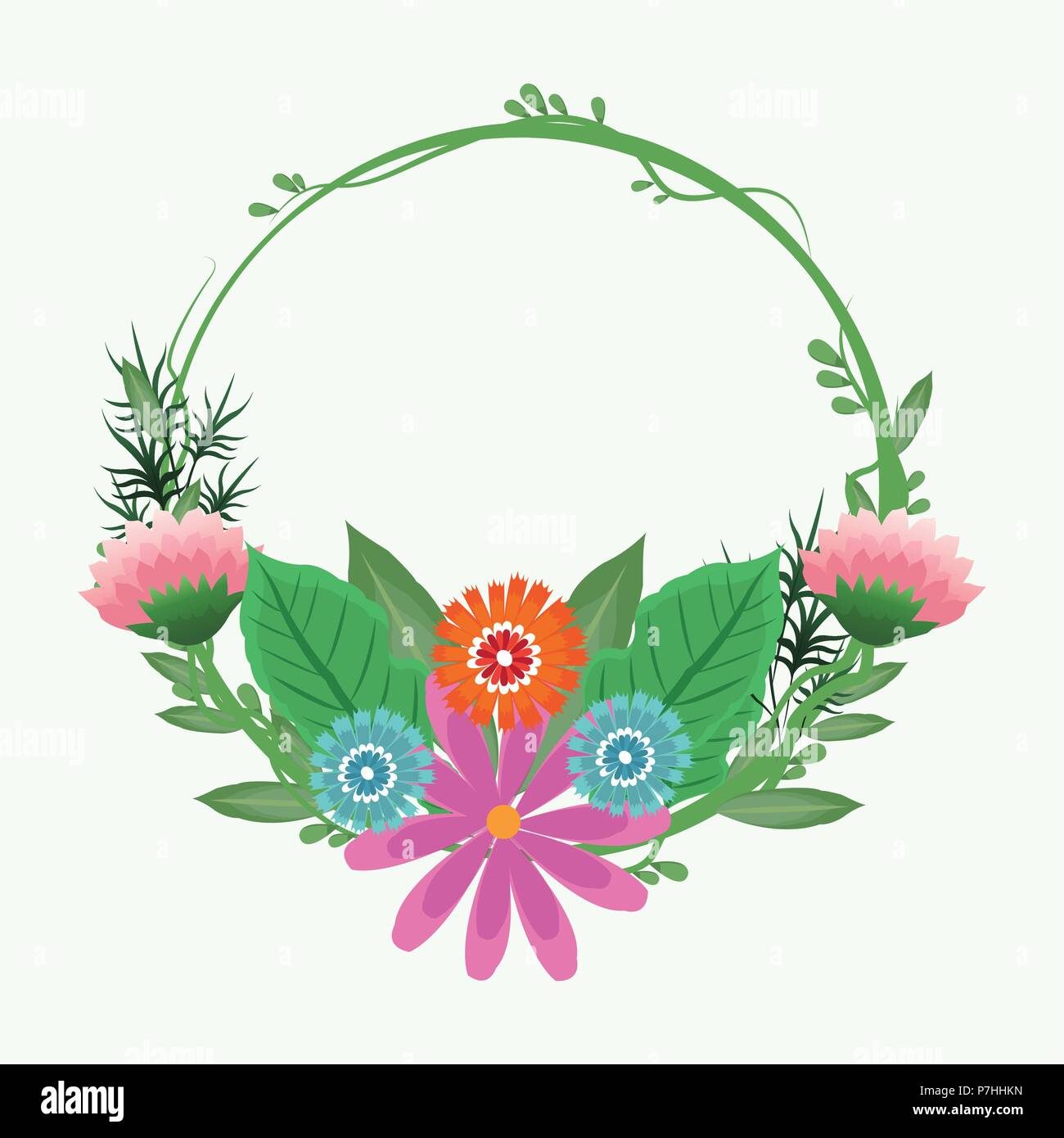 Decorative round frame pink flowers with leaves vector illustration ...