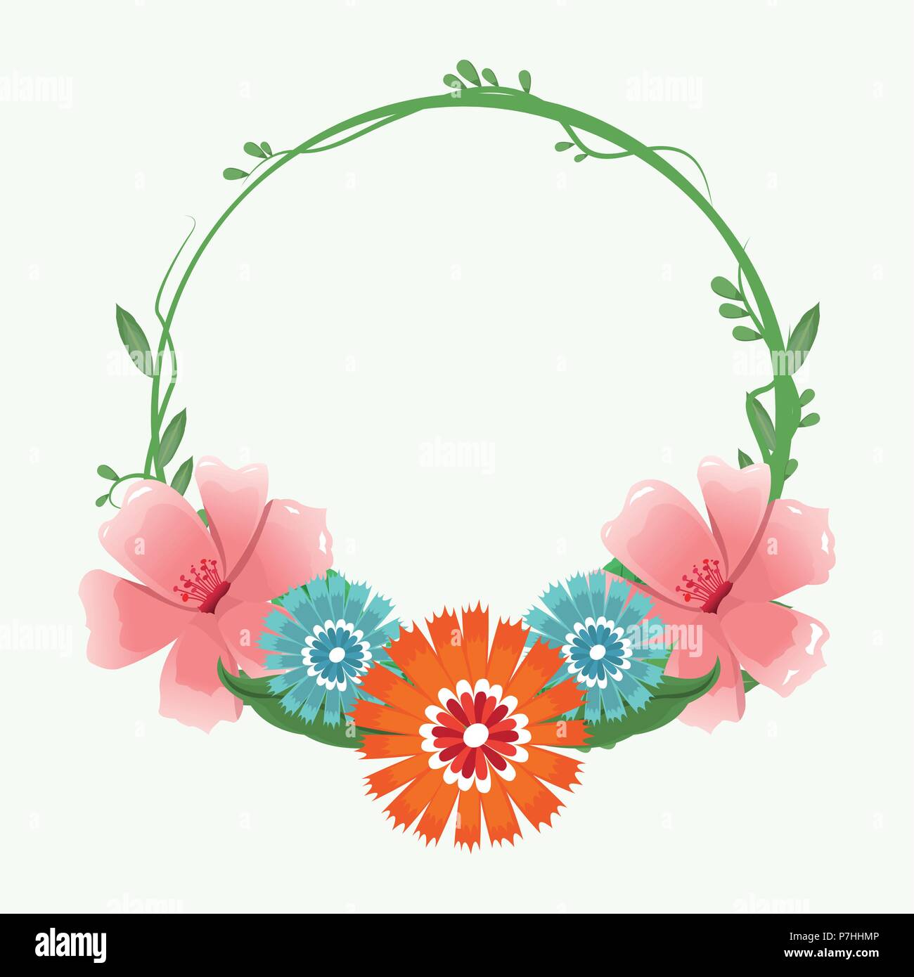 Decorative round frame pink flowers with leaves vector illustration ...