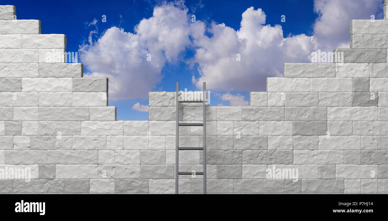 Freedom or success concept. Metal ladder leaning against a white brick ...
