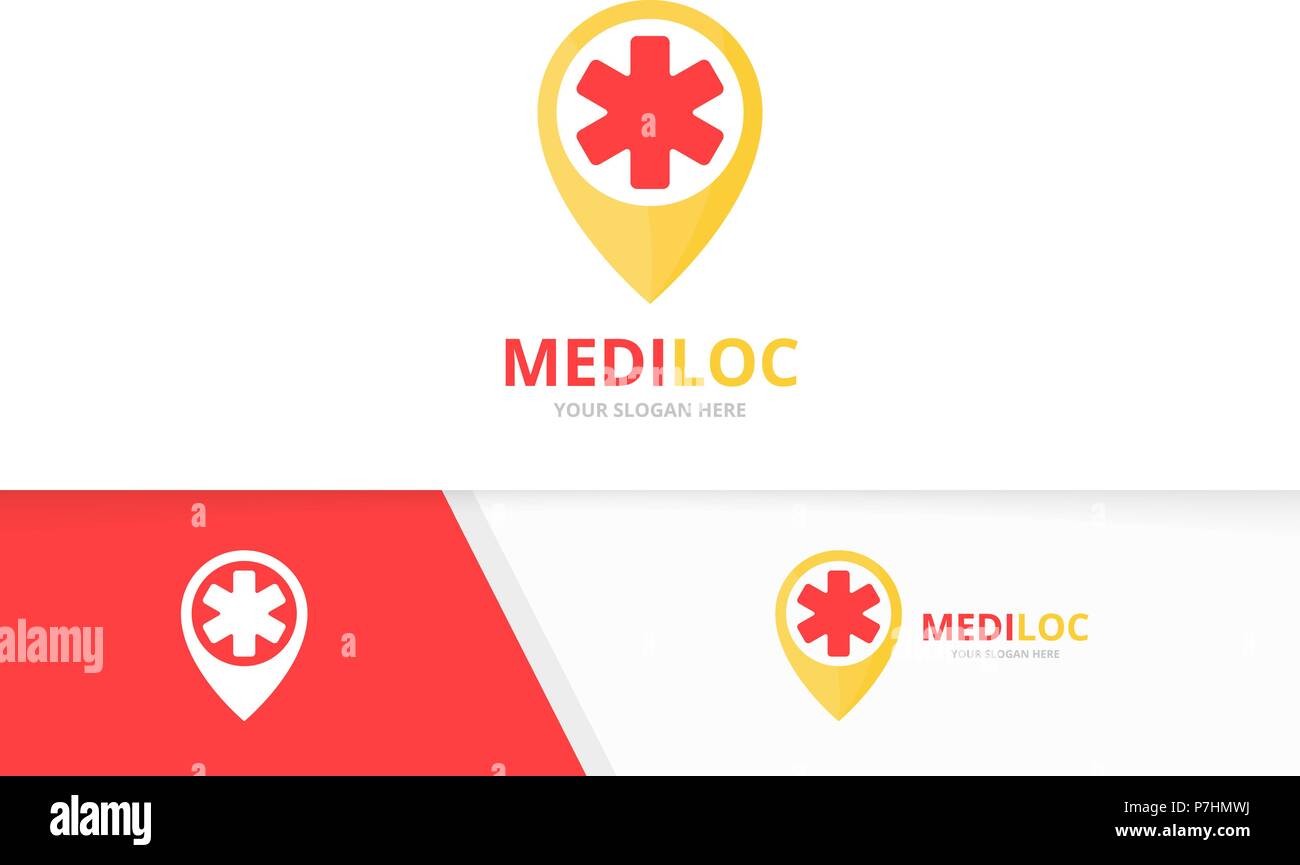 Vector ambulance and map pointer logo combination. Medic and gps locator symbol or icon. Unique emergency and pin logotype design template. Stock Vector