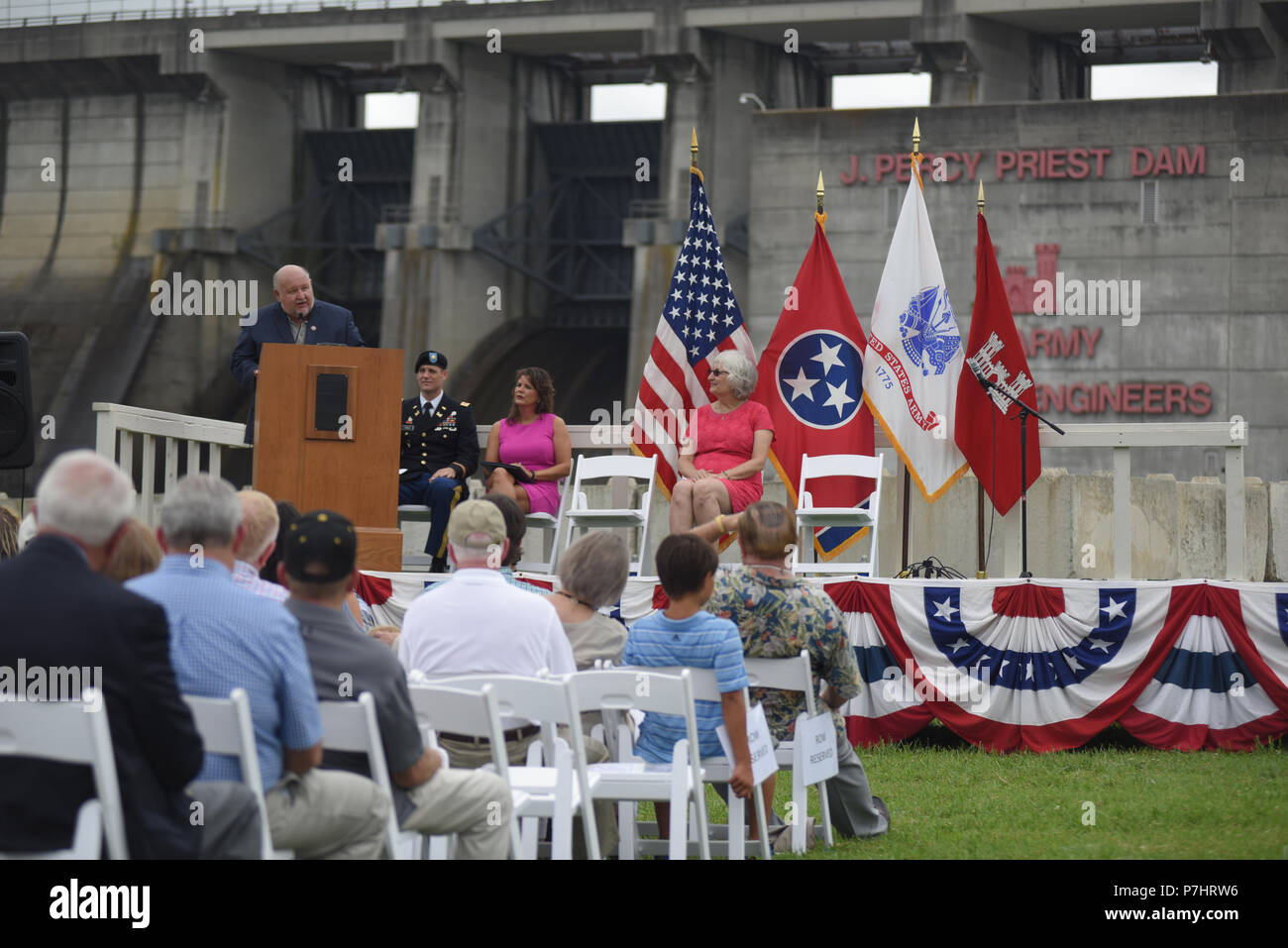La Vergne Mayor Dennis Waldron speaks about the impact of the project with her community during the 50th Anniversary of J. Percy Priest Dam and Reservoir at the dam in Nashville, Tenn., June 29, 2018. (USACE Photo by Leon Roberts) Stock Photo