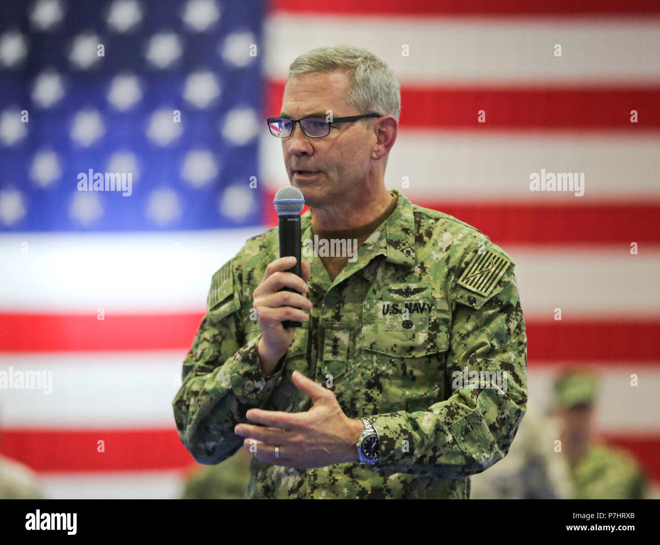 180703-M-AR450-1119 NAVAL SUPPORT ACTIVITY BAHRAIN (July 3, 2018) U.S. Navy Vice Adm. Scott A. Stearney, commander of U.S. Naval Forces Central Command/U.S. 5th Fleet/Combined Maritime Forces, delivers remarks during the Naval Amphibious Force, Task Force 51/5th Marine Expeditionary Brigade (TF 51/5) change of command ceremony. Brig. Gen. Matthew G. Trollinger relieved Brig. Gen. Francis L. Donovan, who served as the commanding general of TF 51/5 since July 2016. (U.S. Marine Corps photo by Sgt. Wesley Timm/Released) Stock Photo