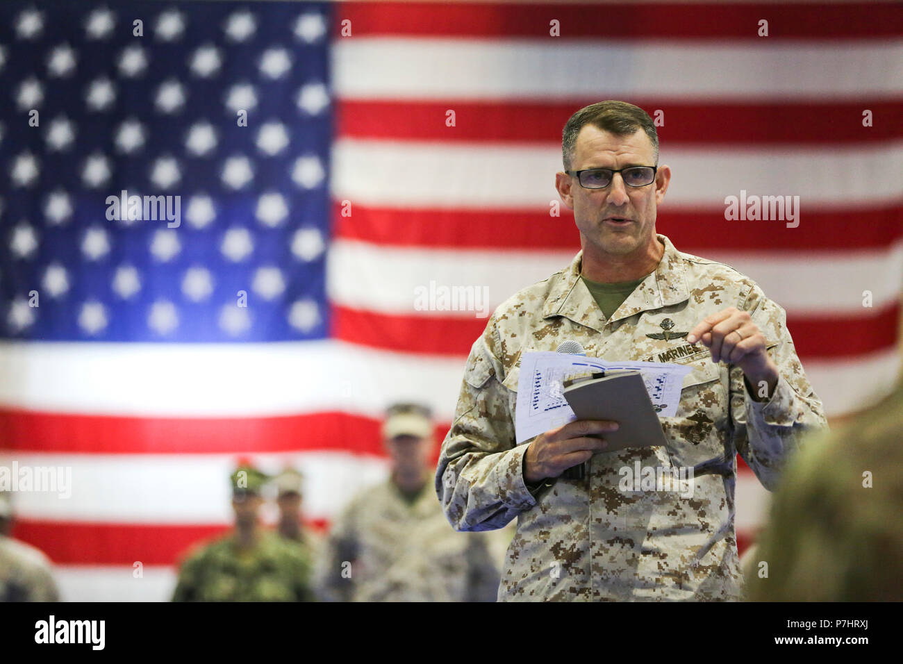 180703-M-AR450-1158 NAVAL SUPPORT ACTIVITY BAHRAIN (July 3, 2018) U.S. Marine Corps Brig. Gen. Francis L. Donovan, commander of Naval Amphibious Force, Task Force 51/5th Marine Expeditionary Brigade (TF 51/5), delivers remarks during TF 51/5’s change of command ceremony. Brig. Gen. Matthew G. Trollinger relieved Brig. Gen. Francis L. Donovan, who served as the commanding general of TF 51/5 since July 2016. (U.S. Marine Corps photo by Sgt. Wesley Timm/Released) Stock Photo