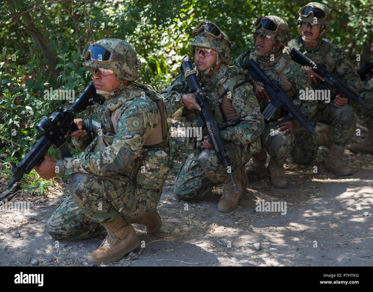 180703-M-WI555-0045 MARINE CORPS BASE CAMP PENDLETON, Calif. (July 3, 2018) Mexican marines with Marine Amphibious Infantry Brigade demonstrate security observation procedures before advancing to a live-fire range during Rim of the Pacific (RIMPAC) exercise at Marine Corps Base Camp Pendleton, California, July 3, 2018. RIMPAC demonstrates the value of amphibious forces and provides high-value training for task-organized, highly-capable Marine Air-Ground Task Forces enhancing the critical crisis response capability of U.S. forces and partners globally. Twenty-five nations, 46 ships, five submar Stock Photo