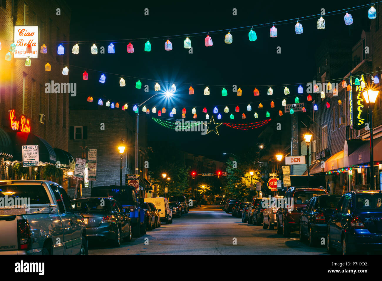 High Street at night, in Little Italy, Baltimore, Maryland Stock Photo