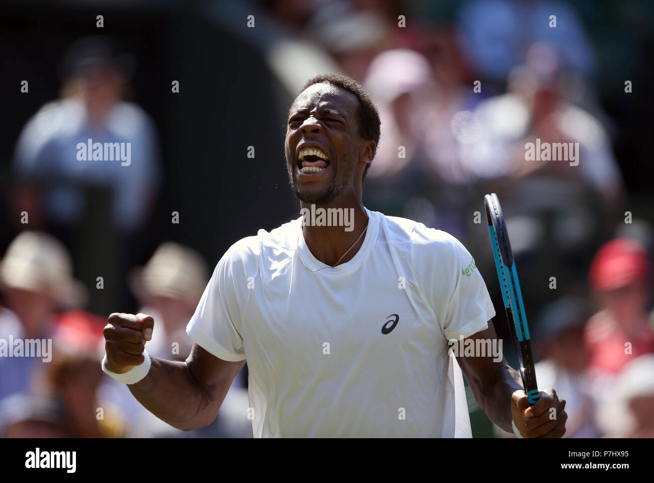 Gael Monfils reacts on day five of the Wimbledon Championships at the All England Lawn Tennis and Croquet Club, Wimbledon. Stock Photo