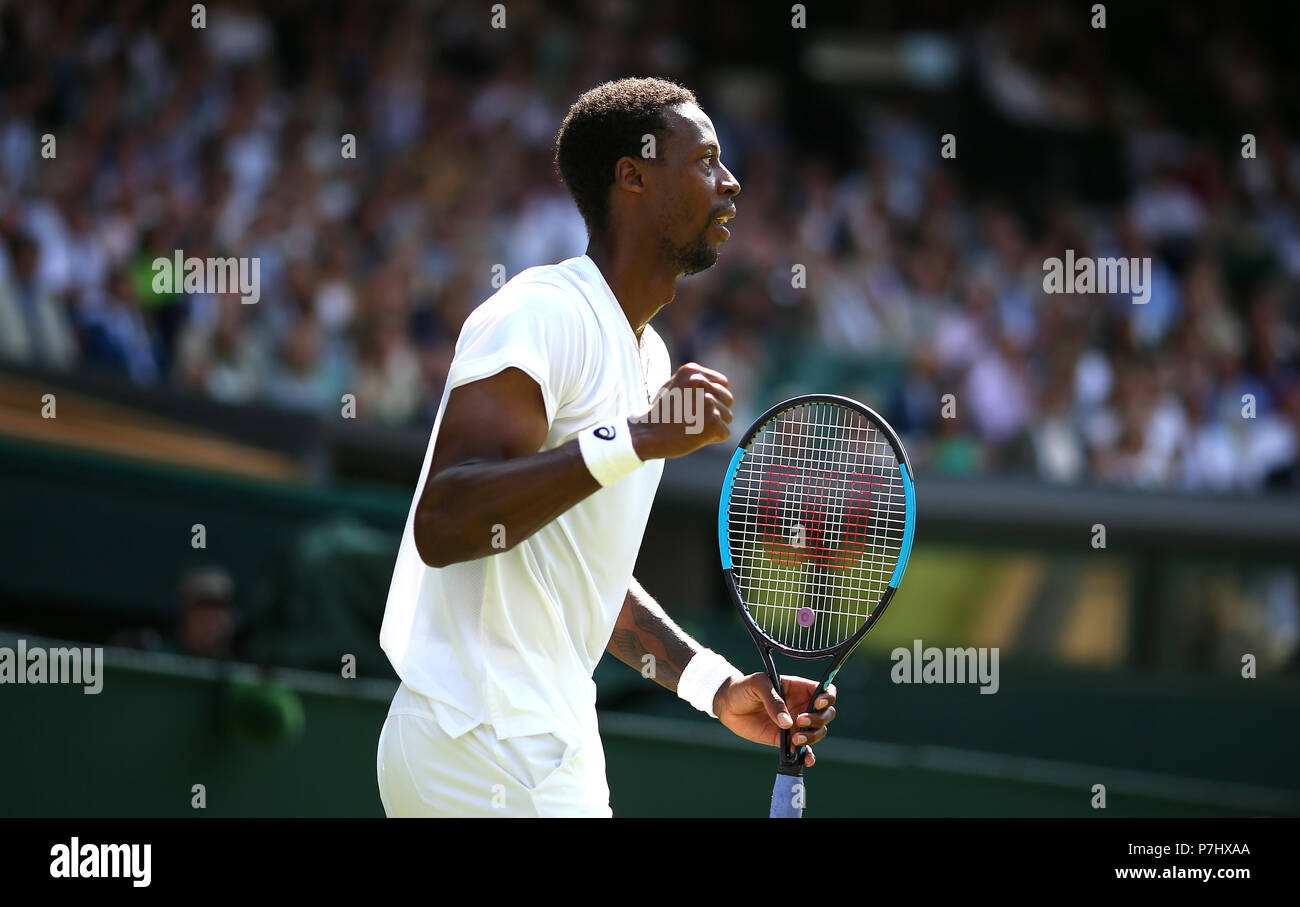 Gael Monfils reacts on day five of the Wimbledon Championships at the