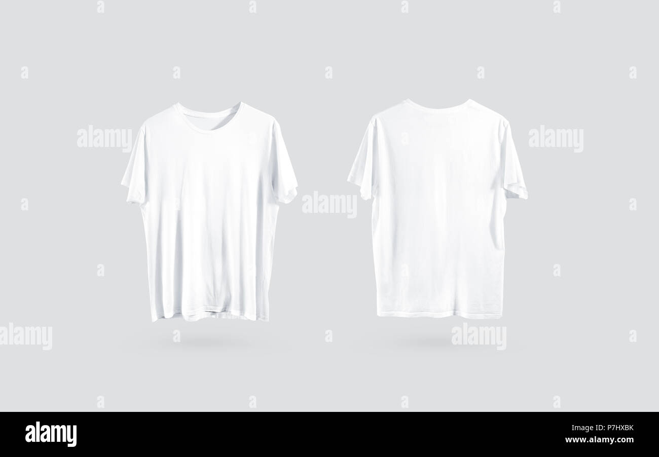 Blank white t-shirt front and back side view, design mockup. Clear plain cotton tshirt mock up template isolated. Apparel store logo branding dress. C Stock Photo