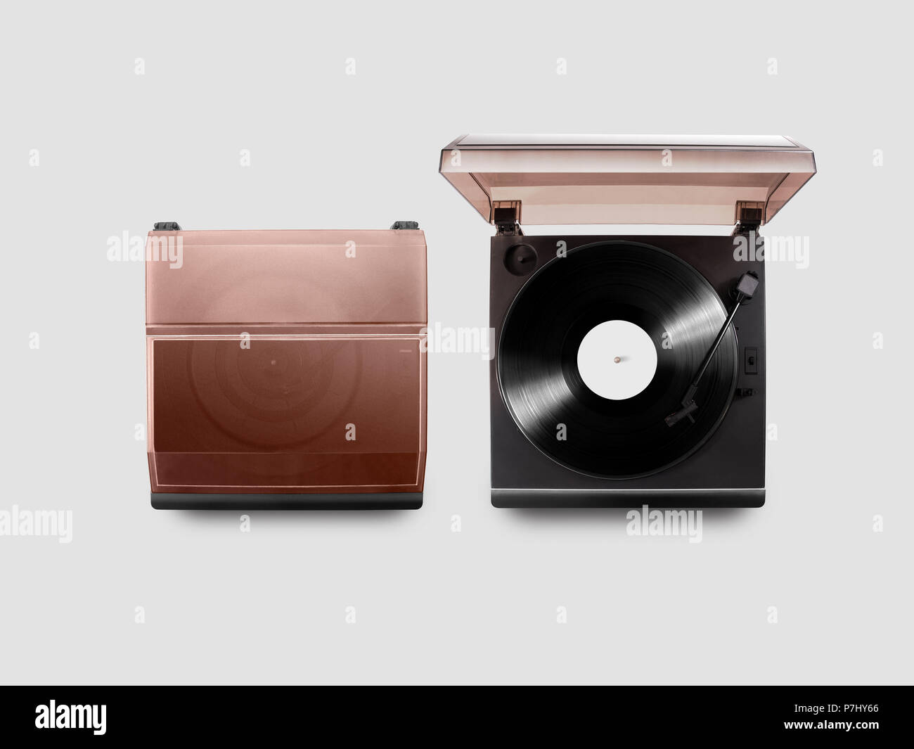 Gramophone vinyl player mockup opened and closed, top view, isolated. Talking machine play blank sound plate mock up. Retro phonograph design from abo Stock Photo