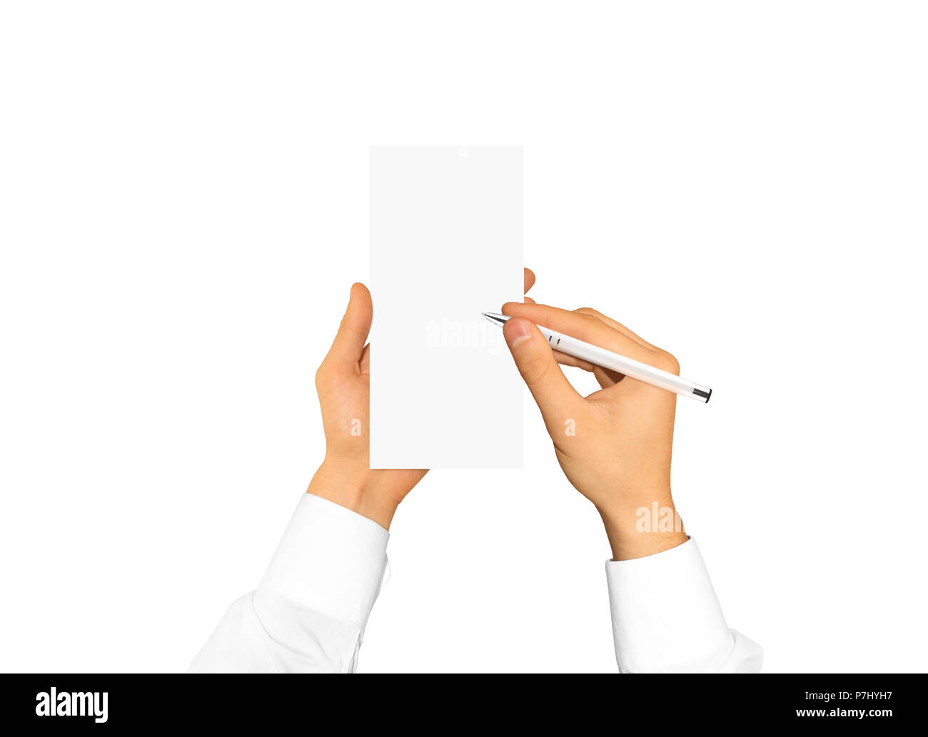 Hand holding blank flyer brochure booklet in the hand. Leaflet presentation. Pamphlet hand businessman. Man show offset paper. Sheet template. Booklet Stock Photo