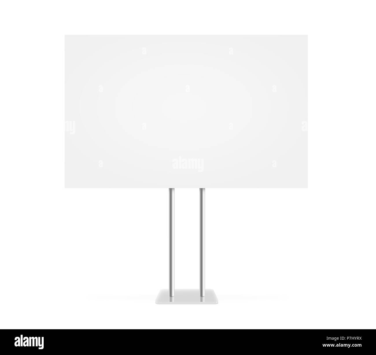 Information board mock up stand isolated. Billboard mockup. Support table. Stand on white background. Blank signage stand. Clear plain banner stand. Empty plate plank panel display. Stock Photo