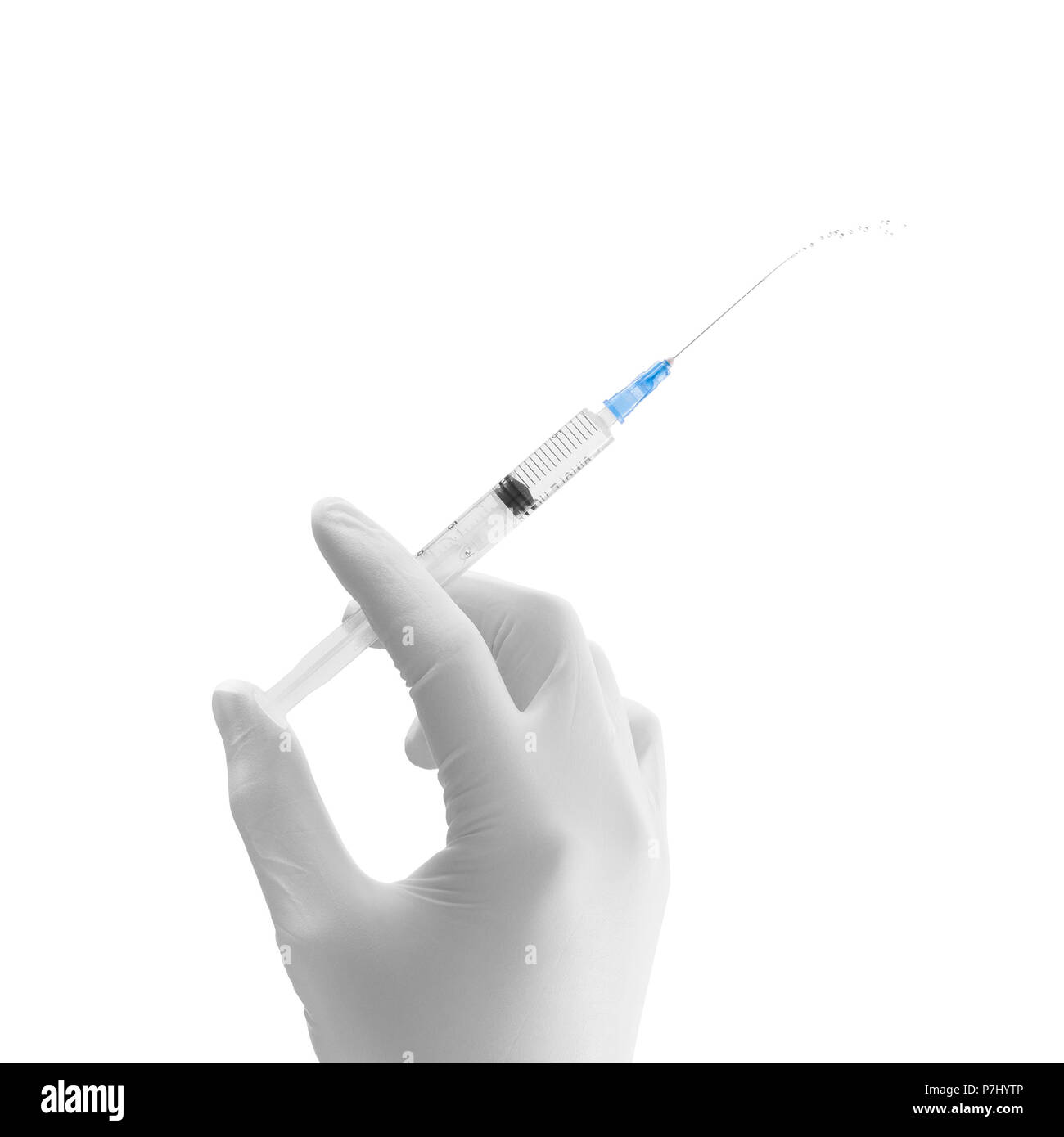 Doctor hand in white glove hold syringe with preparation jet from the needle. Medical man holding injector with drugs in arm. Surgeon hand with flu vaccine. Botox injection.   Stock Photo