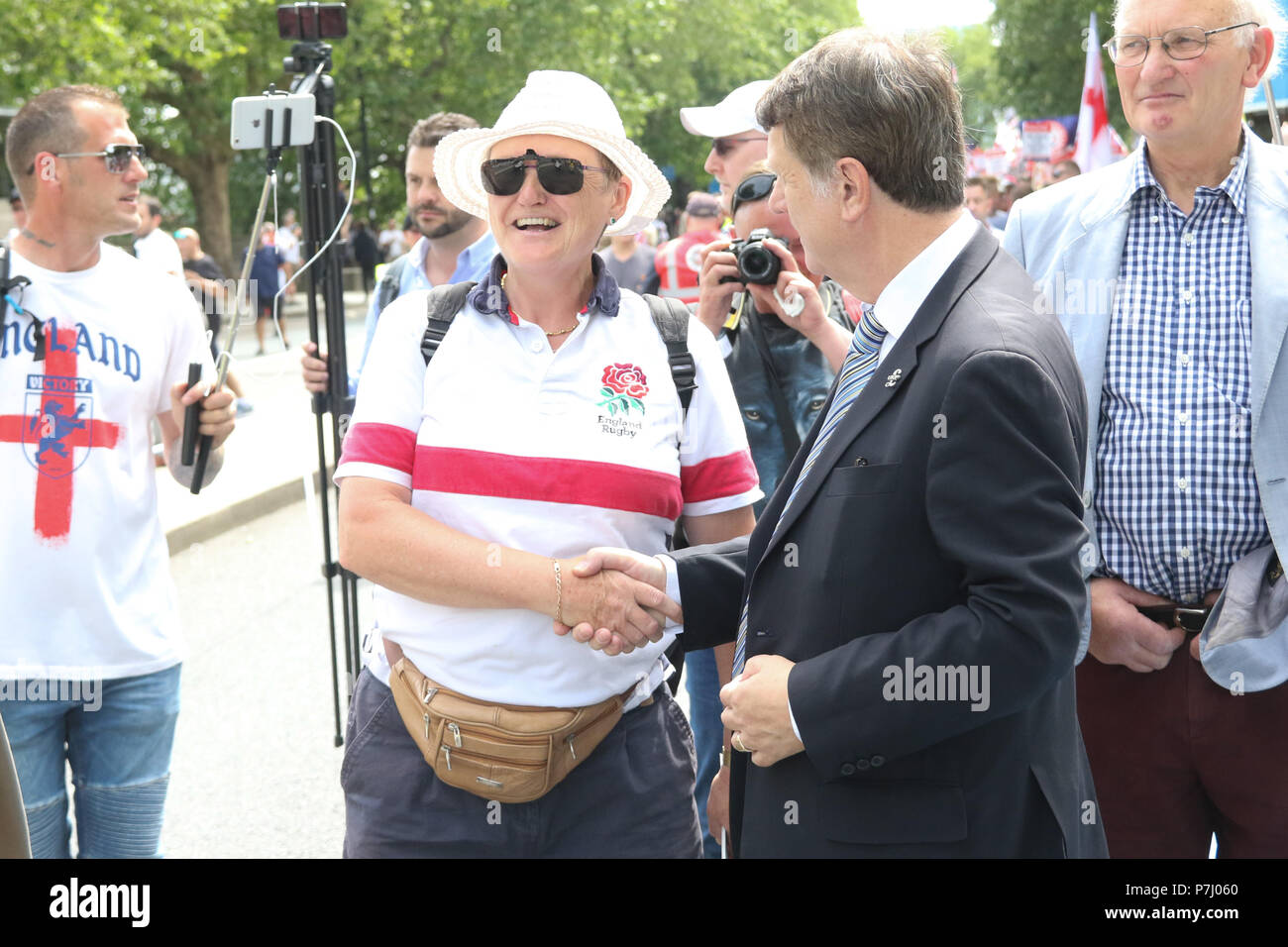 London, England. 23rd June 2018. Pictured: Anne Marie Waters, Leader For Britain Party and Gerard Batten, MEP & UKIP Leader shake hands as they meet o Stock Photo