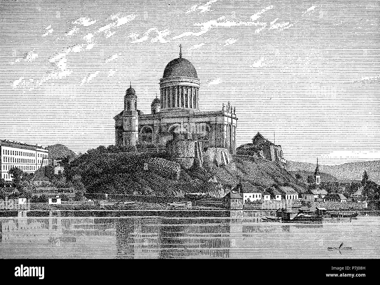 Vintage view of Esztergom cathedral on Danube river,the largest church